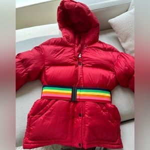 Perfect Moment Red Puffer Jacket with Rainbow Belt